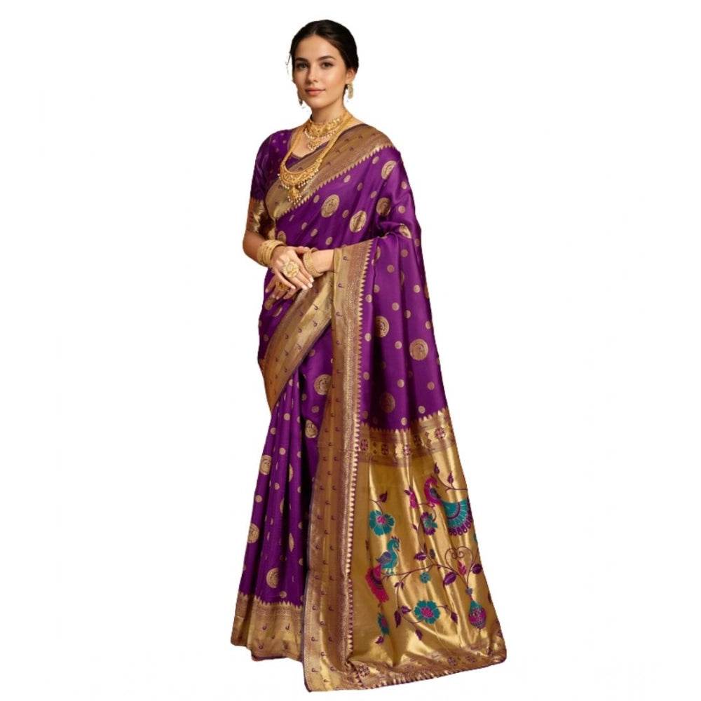 Generic Women's Silk Blend Paithani Saree With Unstitched Blouse 5.5Mtr (Purple) - MYLUXURY LANE ENTERPRISE