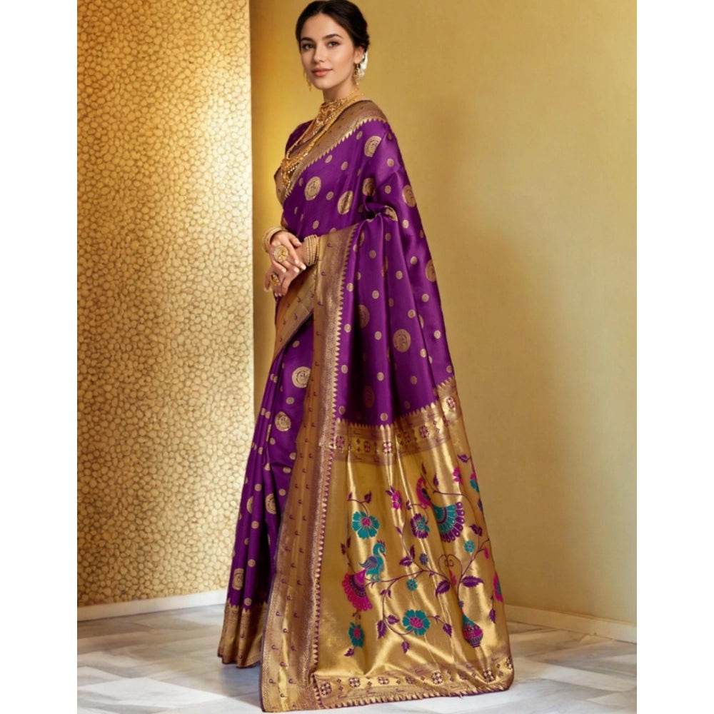 Generic Women's Silk Blend Paithani Saree With Unstitched Blouse 5.5Mtr (Purple) - MYLUXURY LANE ENTERPRISE