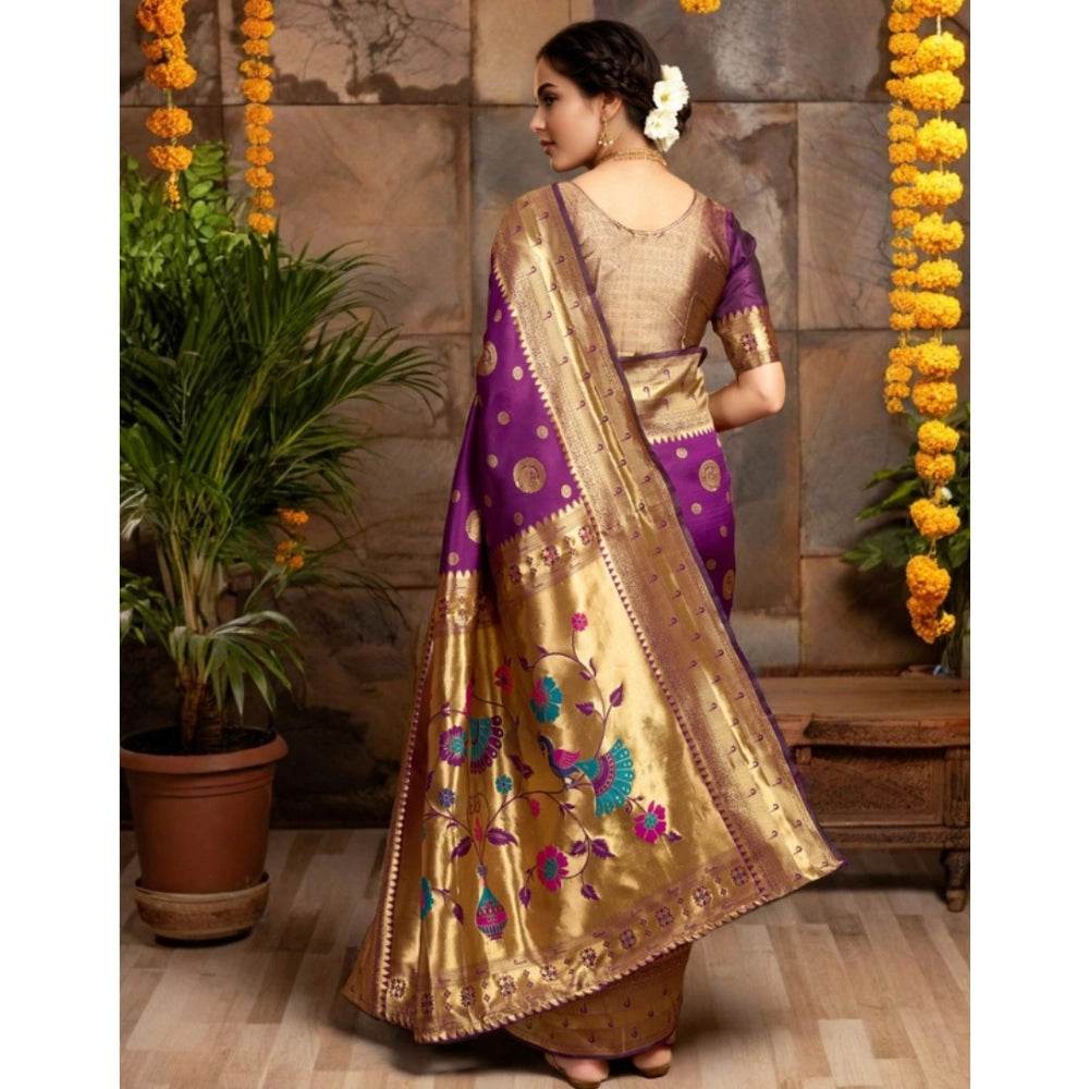 Generic Women's Silk Blend Paithani Saree With Unstitched Blouse 5.5Mtr (Purple) - MYLUXURY LANE ENTERPRISE