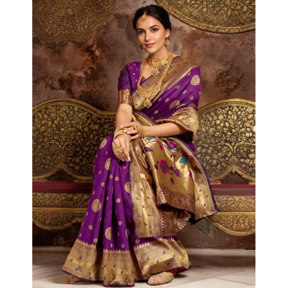 Generic Women's Silk Blend Paithani Saree With Unstitched Blouse 5.5Mtr (Purple) - MYLUXURY LANE ENTERPRISE