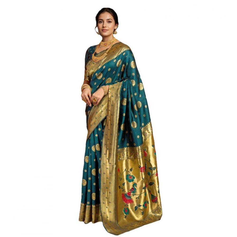 Generic Women's Silk Blend Paithani Saree With Unstitched Blouse 5.5Mtr (Teal) - MYLUXURY LANE ENTERPRISE