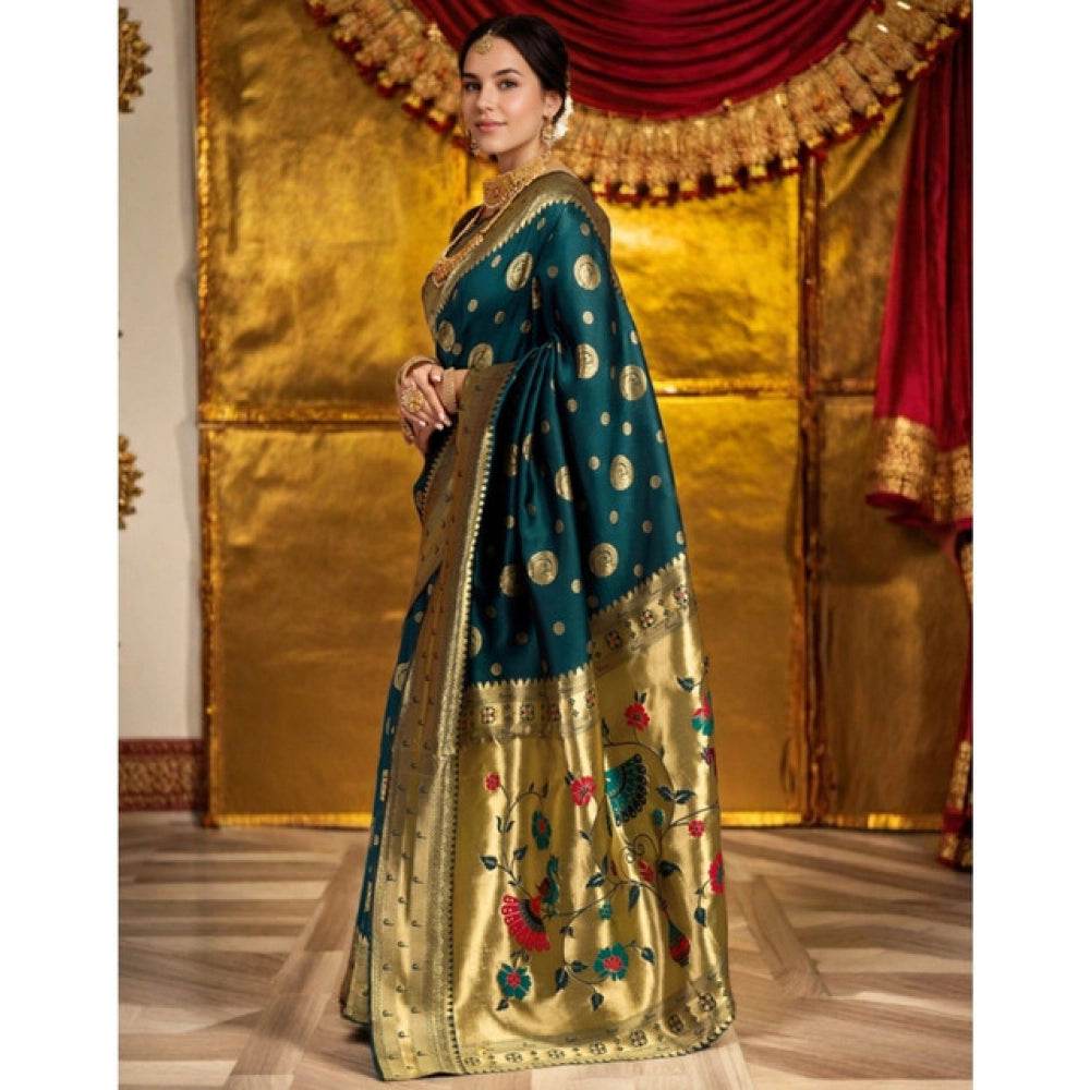 Generic Women's Silk Blend Paithani Saree With Unstitched Blouse 5.5Mtr (Teal) - MYLUXURY LANE ENTERPRISE