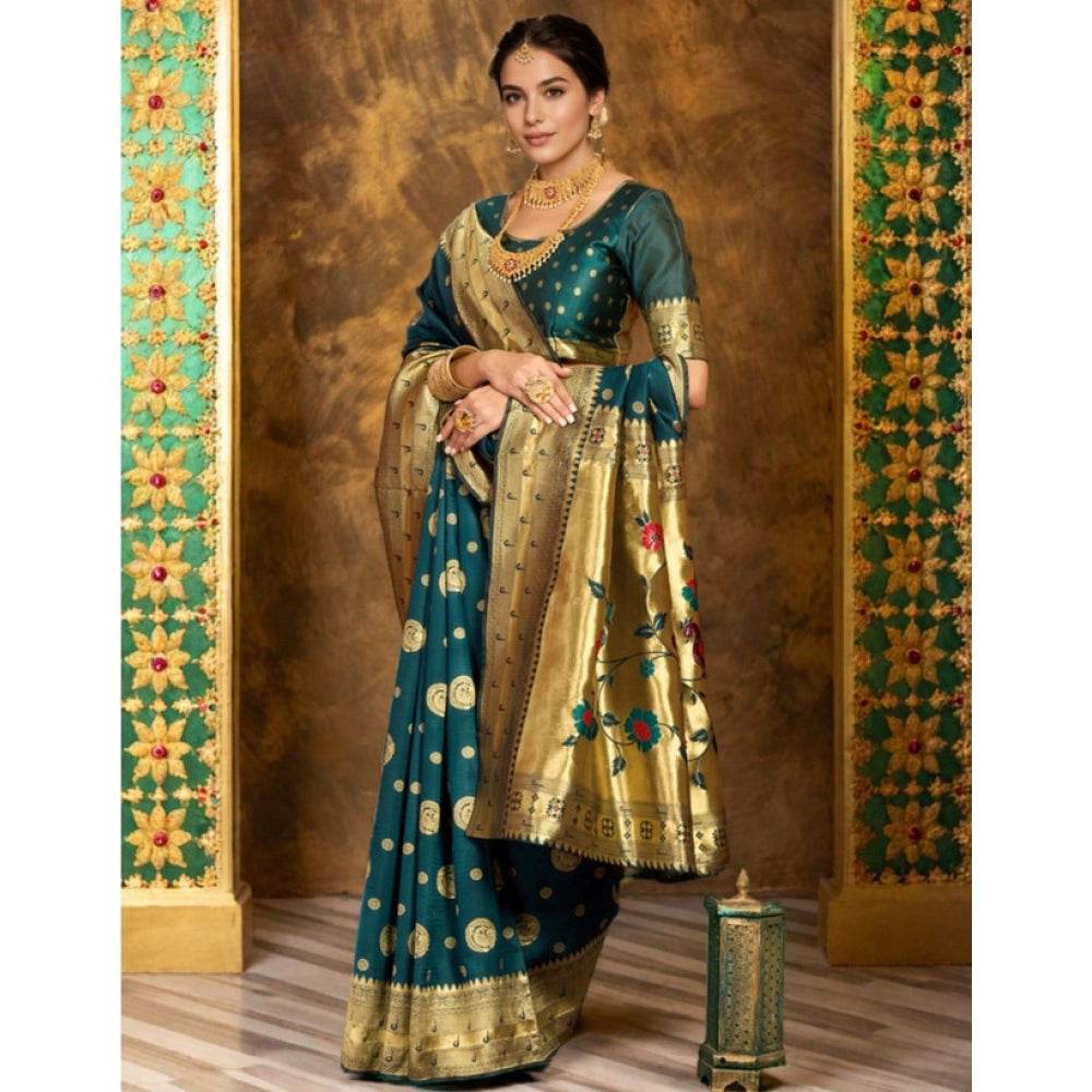 Generic Women's Silk Blend Paithani Saree With Unstitched Blouse 5.5Mtr (Teal) - MYLUXURY LANE ENTERPRISE
