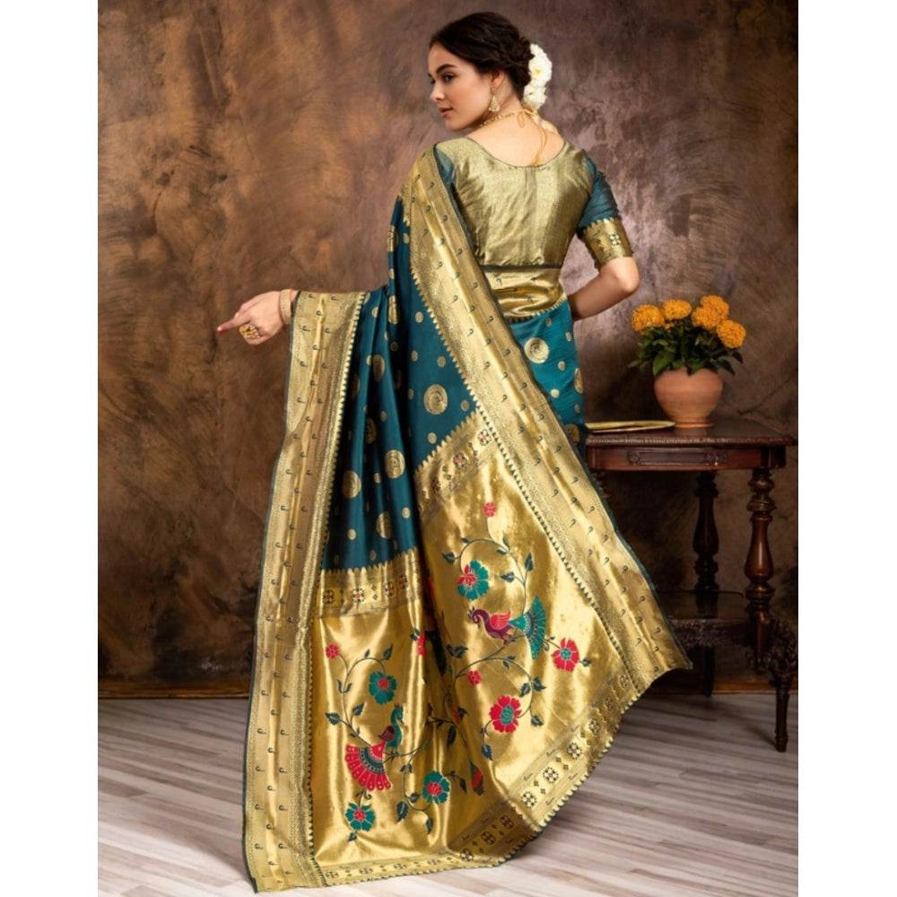 Generic Women's Silk Blend Paithani Saree With Unstitched Blouse 5.5Mtr (Teal) - MYLUXURY LANE ENTERPRISE