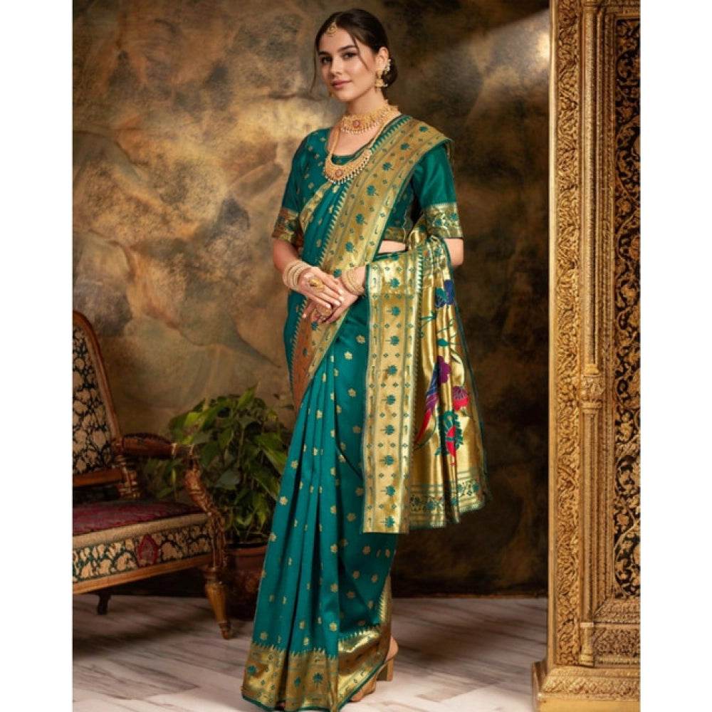 Generic Women's Silk Blend Woven Saree With Unstitched Blouse 5.5Mtr (Green) - MYLUXURY LANE ENTERPRISE