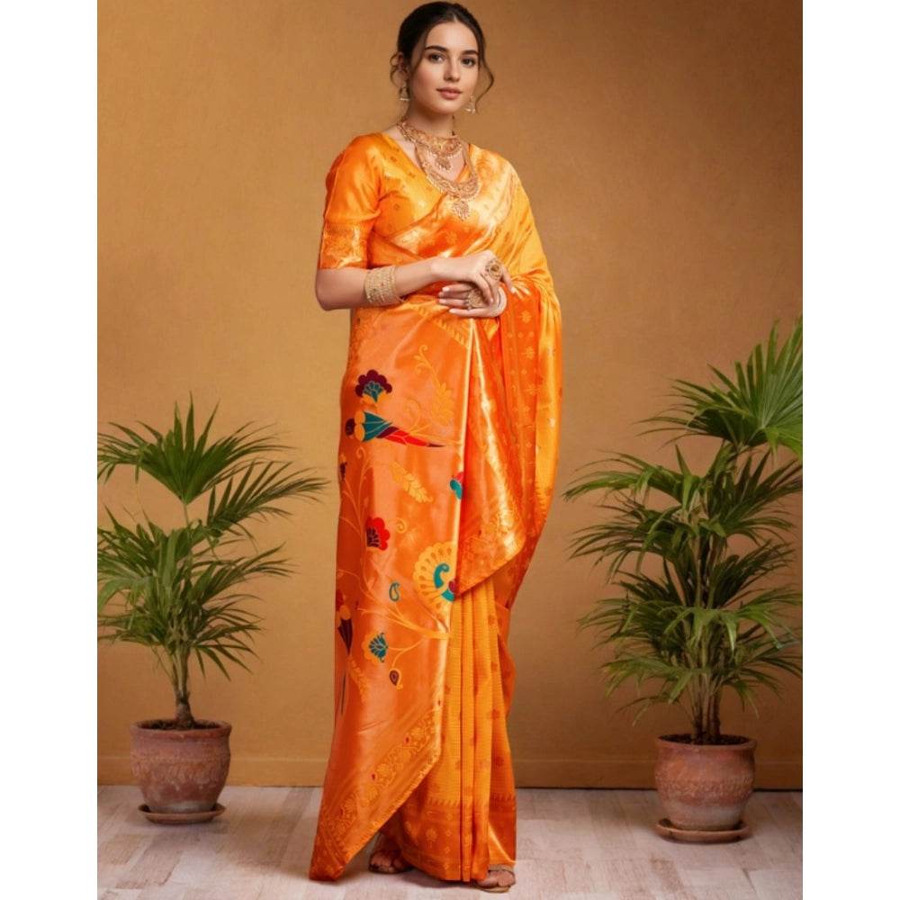 Generic Women's Silk Blend Woven Saree With Unstitched Blouse 5.5Mtr (Orange) - MYLUXURY LANE ENTERPRISE