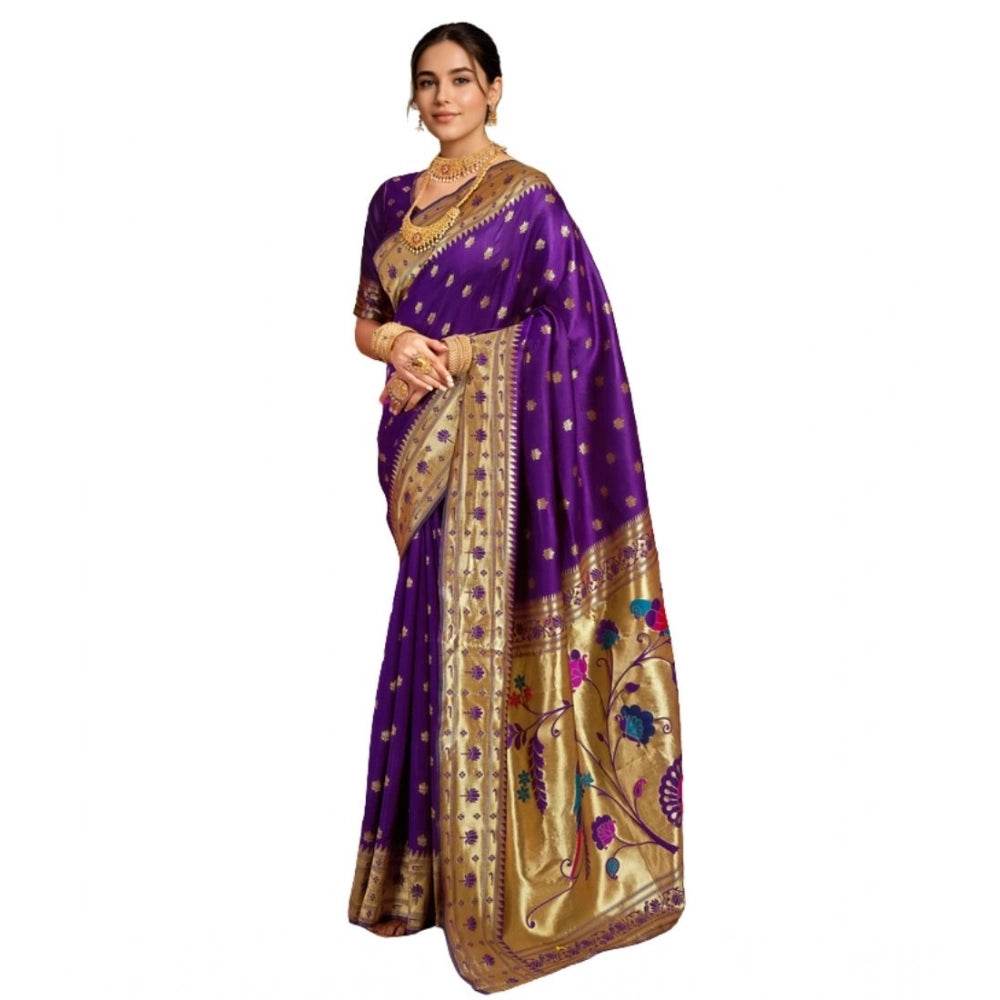 Generic Women's Silk Blend Woven Saree With Unstitched Blouse 5.5Mtr (Purple) - MYLUXURY LANE ENTERPRISE