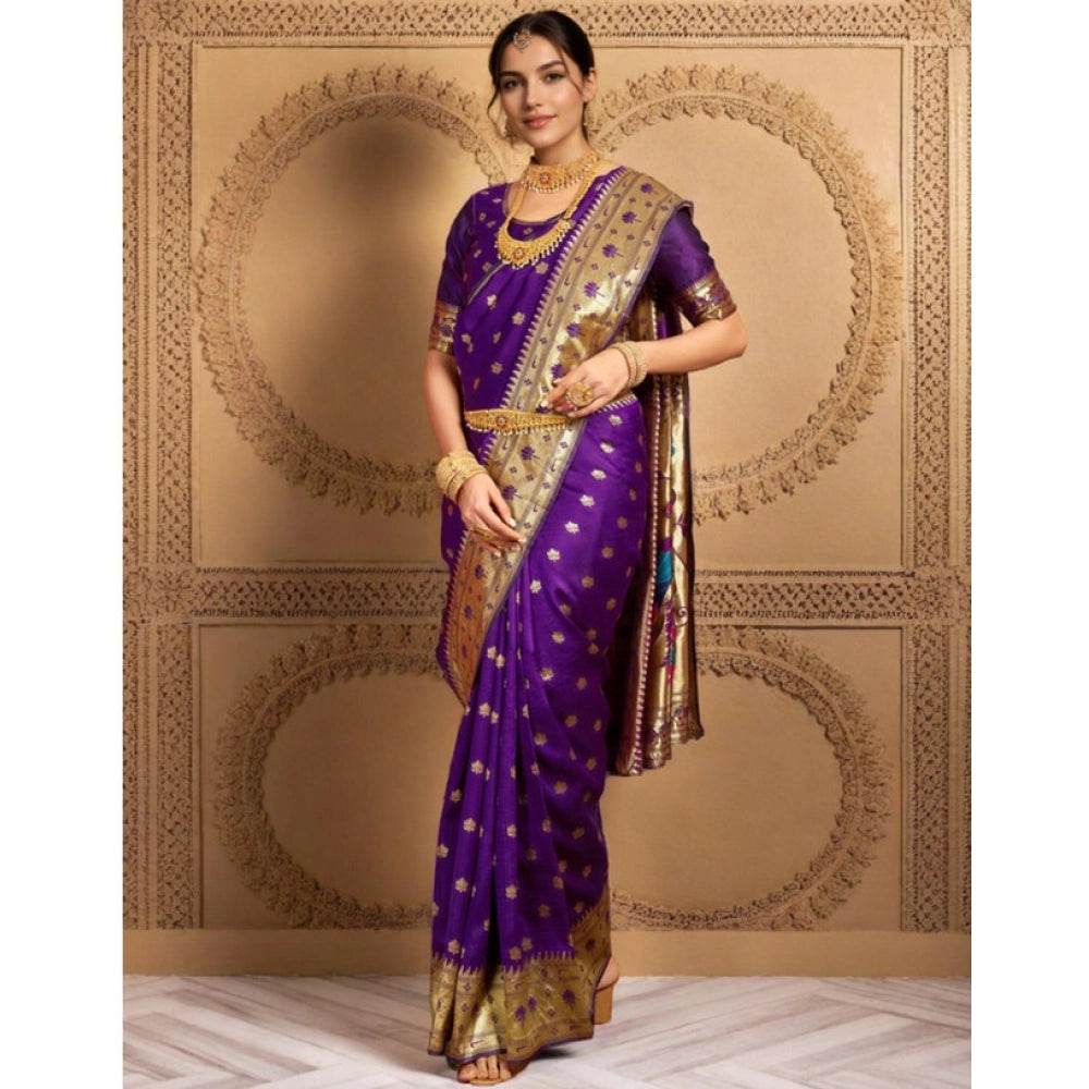 Generic Women's Silk Blend Woven Saree With Unstitched Blouse 5.5Mtr (Purple) - MYLUXURY LANE ENTERPRISE