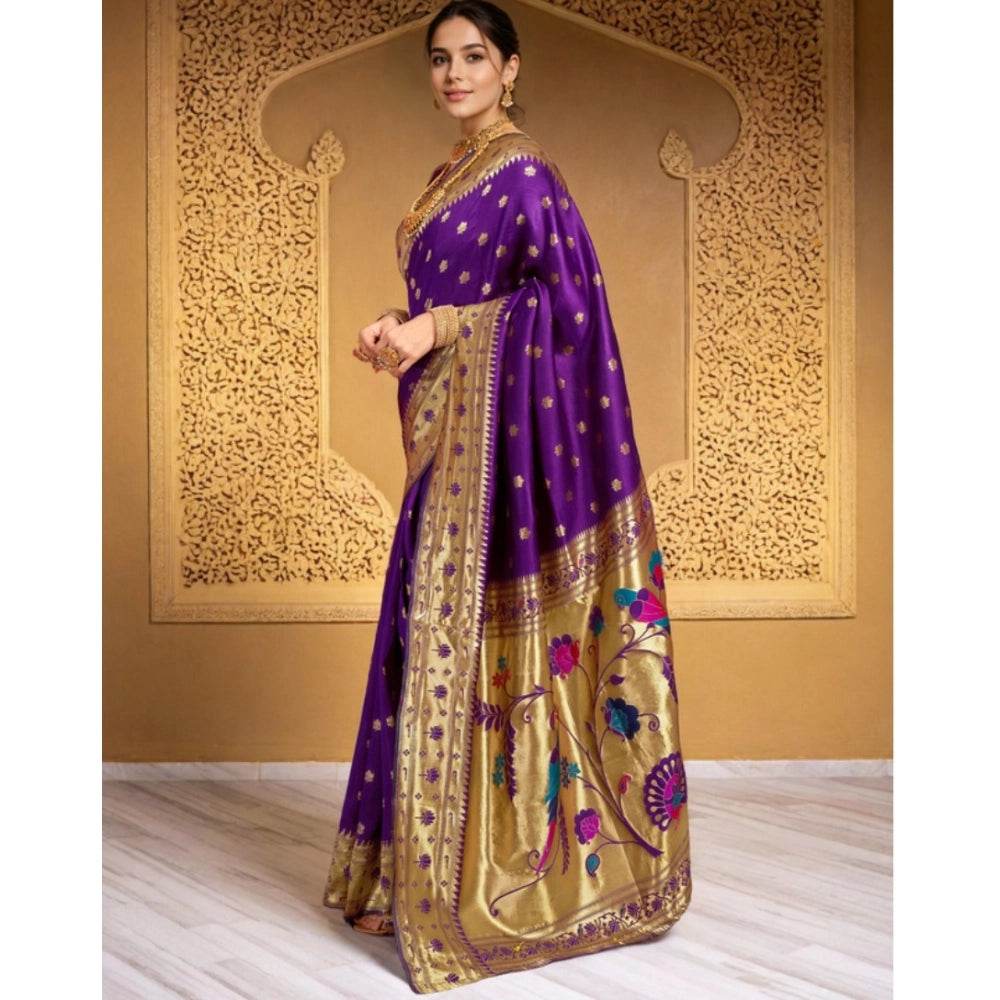 Generic Women's Silk Blend Woven Saree With Unstitched Blouse 5.5Mtr (Purple) - MYLUXURY LANE ENTERPRISE