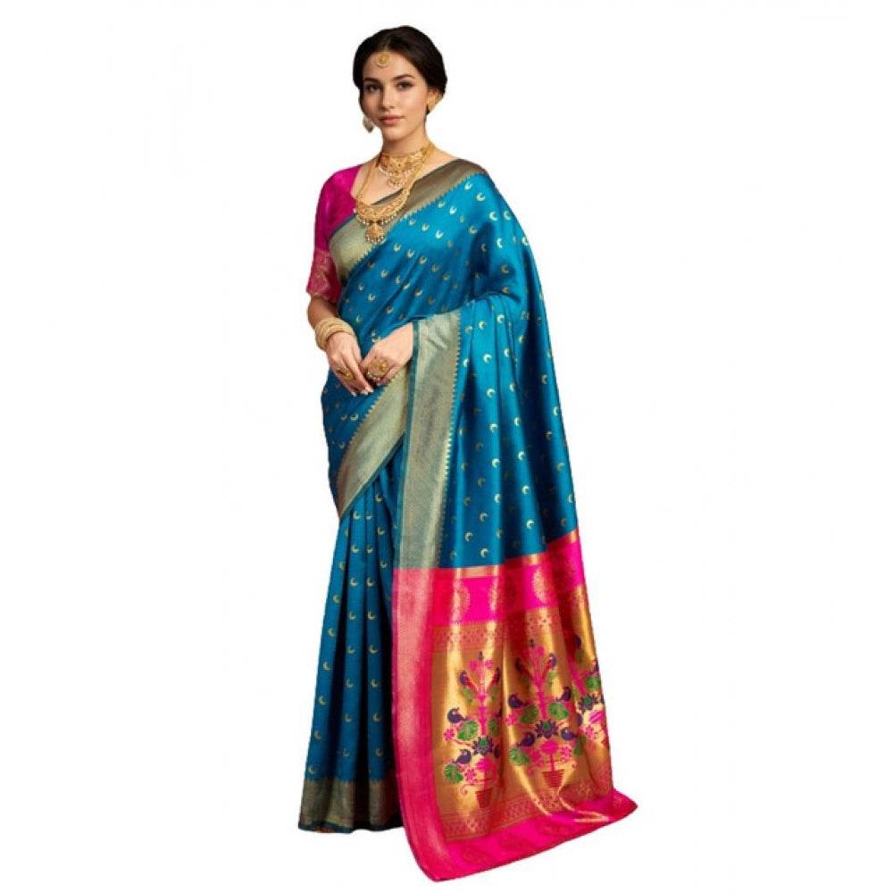 Generic Women's Silk Blend Zari Woven Saree With Unstitched Blouse 5.5Mtr (Aqua) - MYLUXURY LANE ENTERPRISE