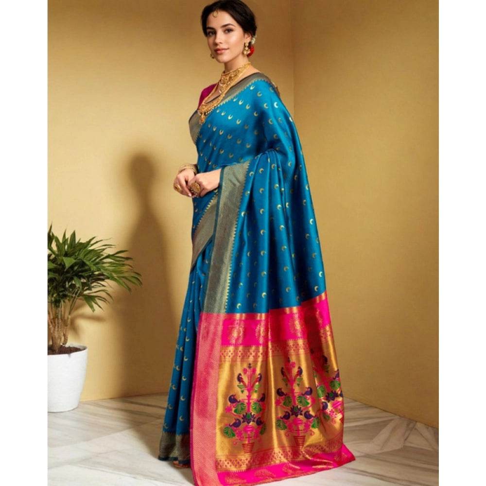 Generic Women's Silk Blend Zari Woven Saree With Unstitched Blouse 5.5Mtr (Aqua) - MYLUXURY LANE ENTERPRISE
