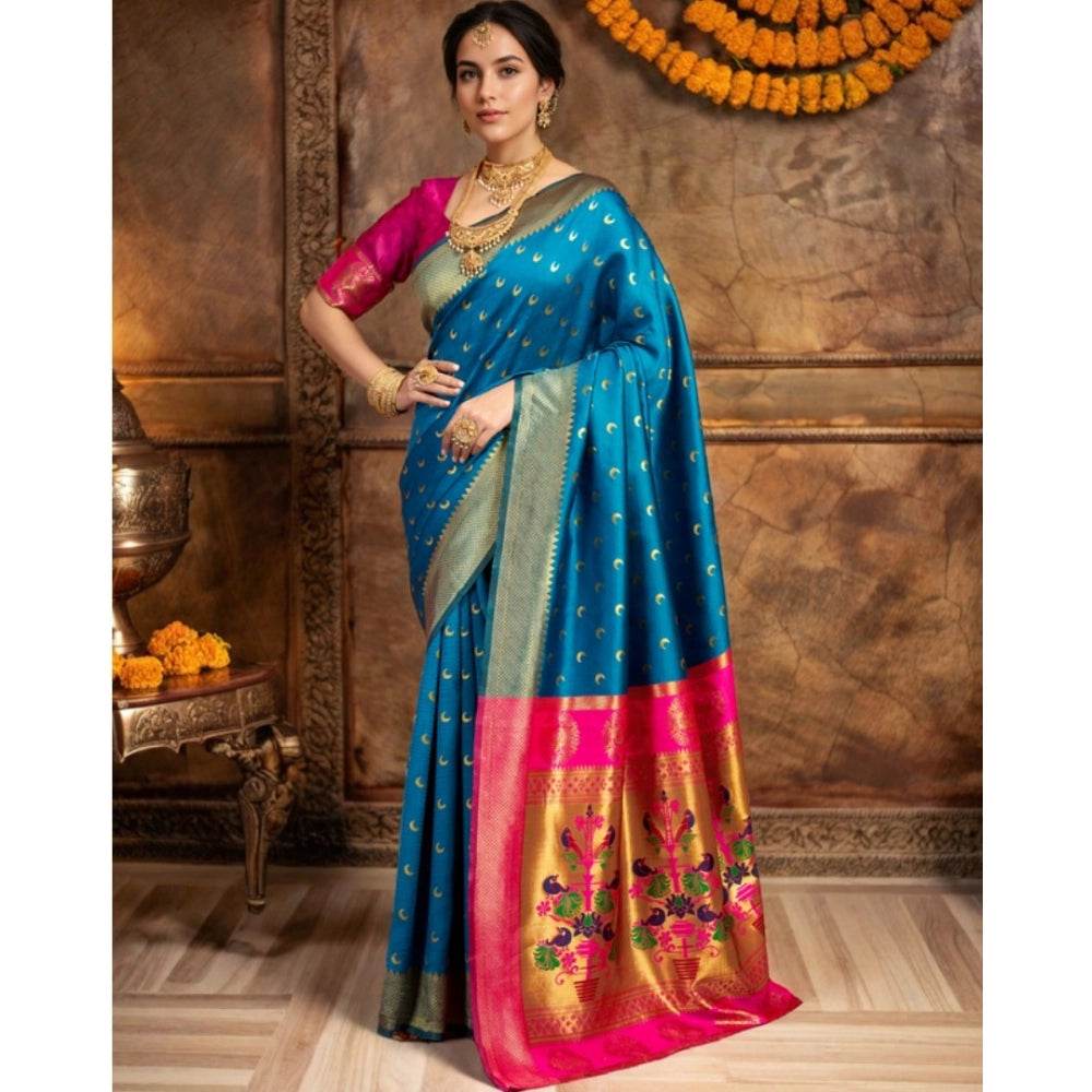 Generic Women's Silk Blend Zari Woven Saree With Unstitched Blouse 5.5Mtr (Aqua) - MYLUXURY LANE ENTERPRISE