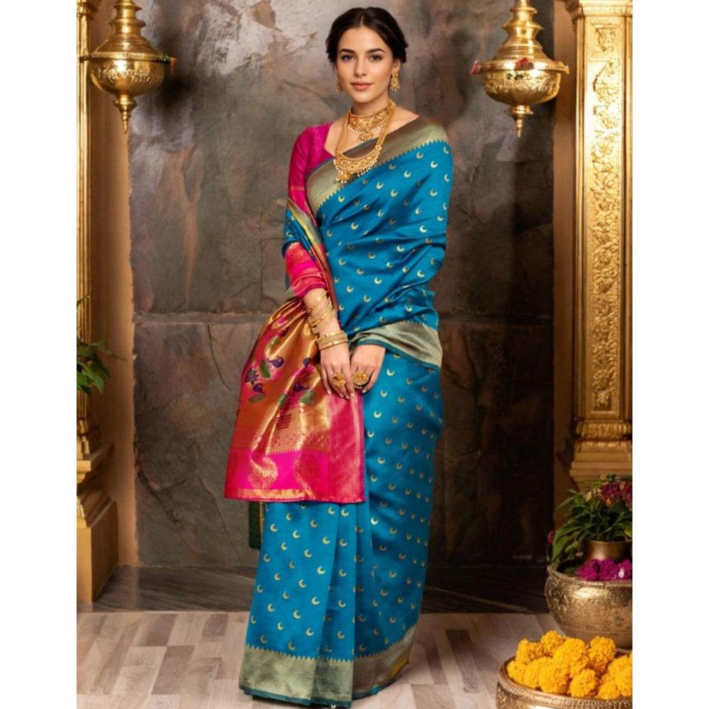 Generic Women's Silk Blend Zari Woven Saree With Unstitched Blouse 5.5Mtr (Aqua) - MYLUXURY LANE ENTERPRISE