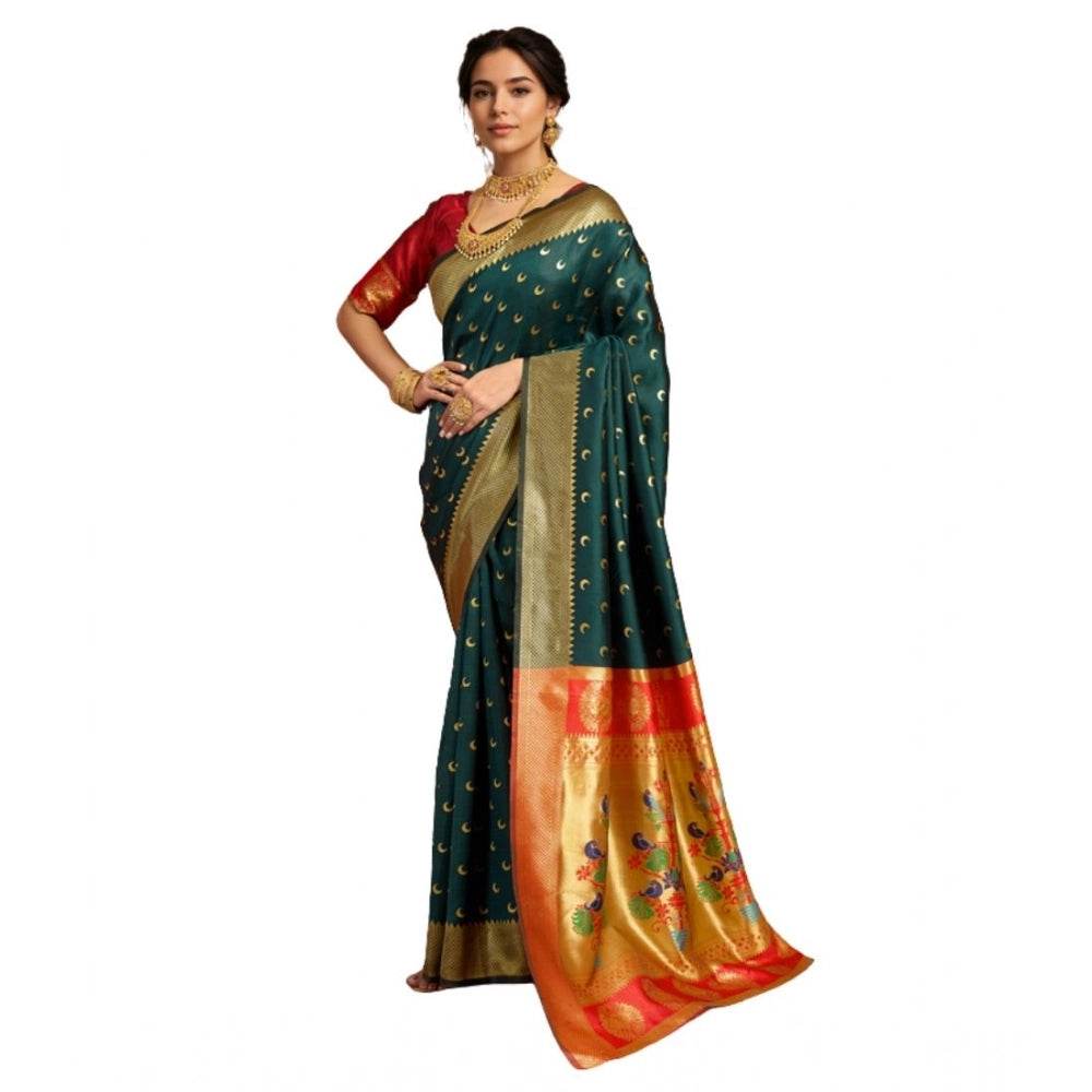 Generic Women's Silk Blend Zari Woven Saree With Unstitched Blouse 5.5Mtr (Dark-Green) - MYLUXURY LANE ENTERPRISE