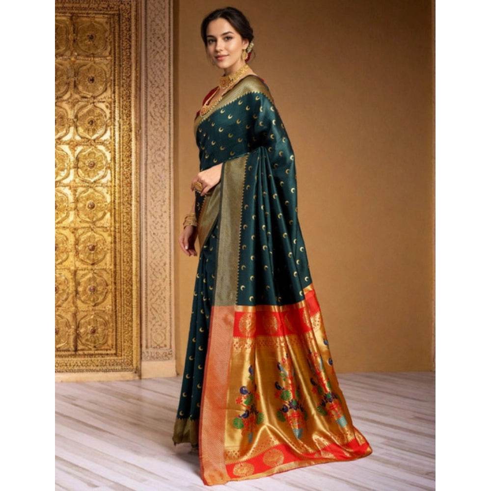Generic Women's Silk Blend Zari Woven Saree With Unstitched Blouse 5.5Mtr (Dark-Green) - MYLUXURY LANE ENTERPRISE