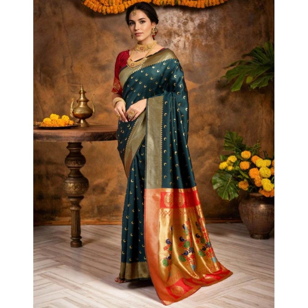 Generic Women's Silk Blend Zari Woven Saree With Unstitched Blouse 5.5Mtr (Dark-Green) - MYLUXURY LANE ENTERPRISE