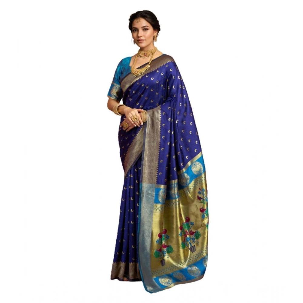 Generic Women's Silk Blend Zari Woven Saree With Unstitched Blouse 5.5Mtr (Navy) - MYLUXURY LANE ENTERPRISE