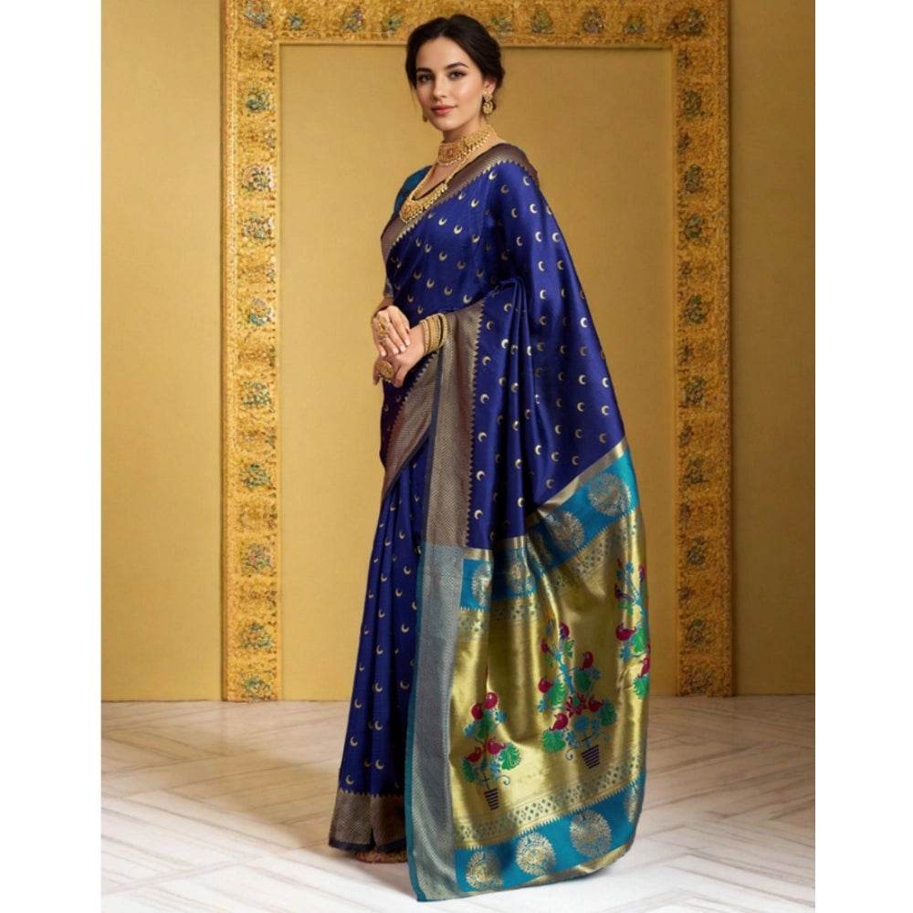 Generic Women's Silk Blend Zari Woven Saree With Unstitched Blouse 5.5Mtr (Navy) - MYLUXURY LANE ENTERPRISE