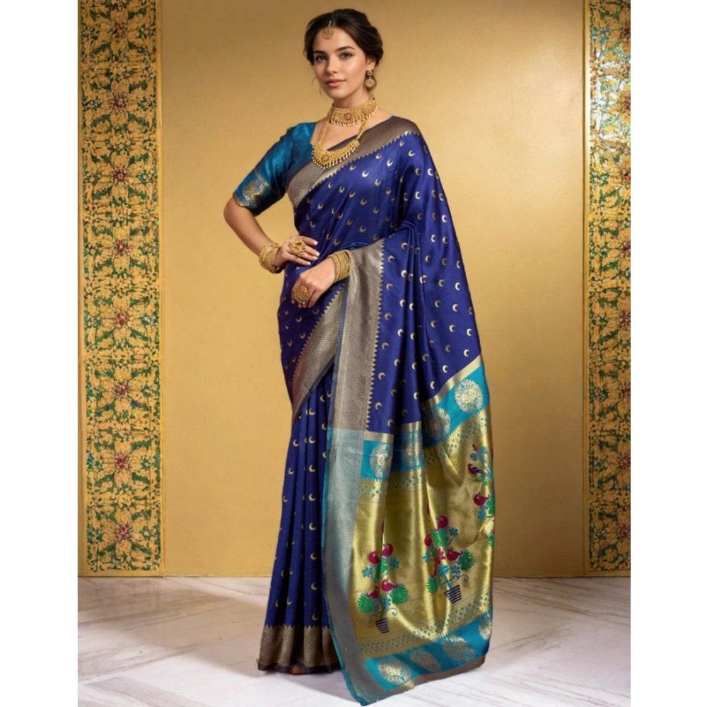 Generic Women's Silk Blend Zari Woven Saree With Unstitched Blouse 5.5Mtr (Navy) - MYLUXURY LANE ENTERPRISE