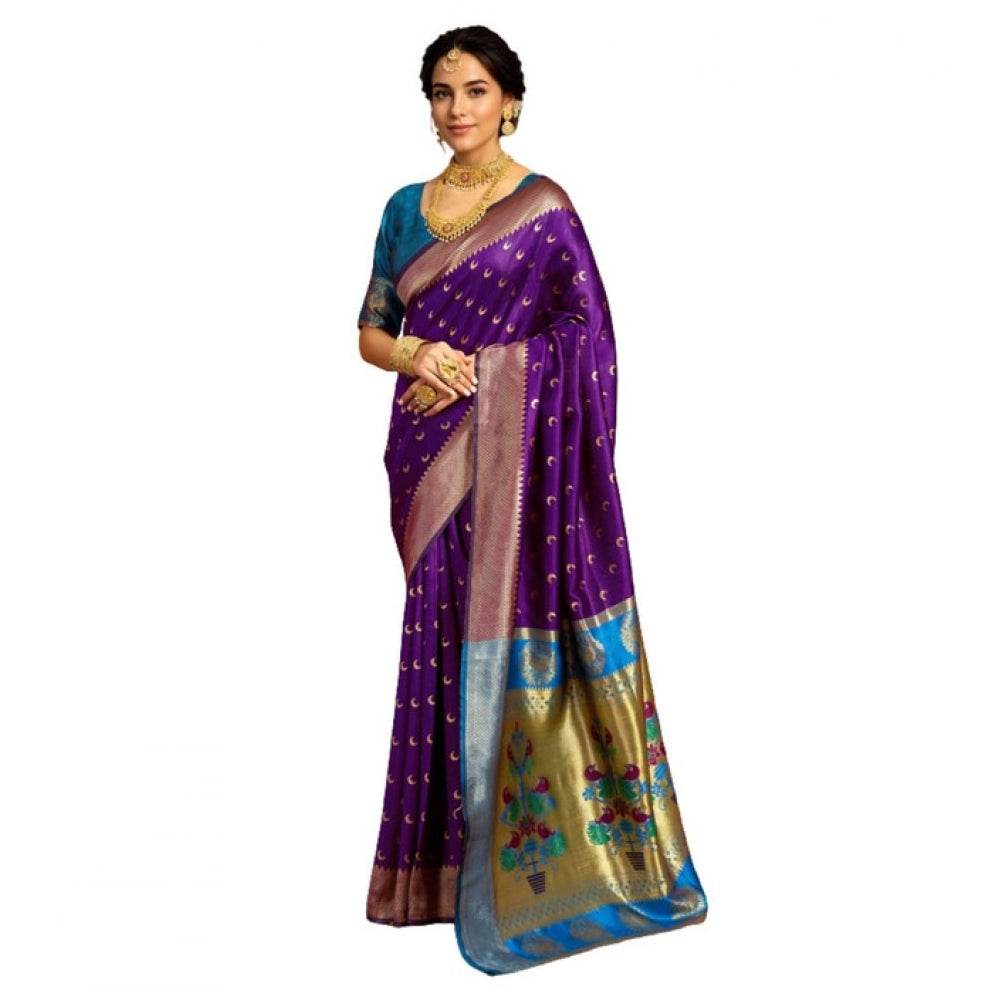 Generic Women's Silk Blend Zari Woven Saree With Unstitched Blouse 5.5Mtr (Purple) - MYLUXURY LANE ENTERPRISE