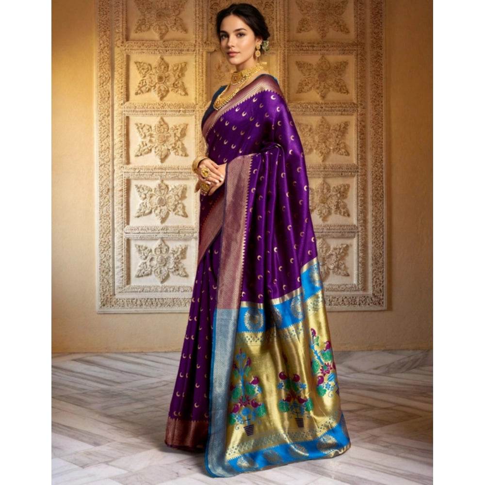 Generic Women's Silk Blend Zari Woven Saree With Unstitched Blouse 5.5Mtr (Purple) - MYLUXURY LANE ENTERPRISE
