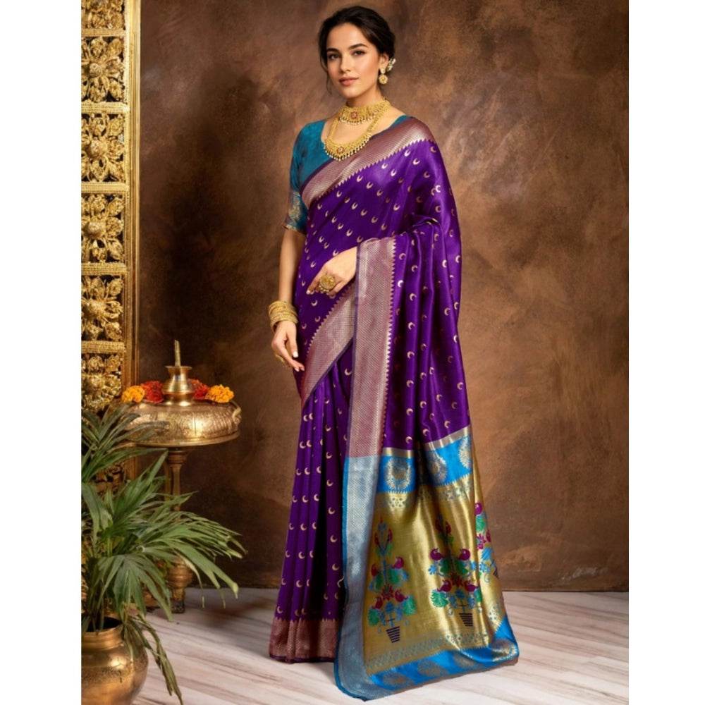 Generic Women's Silk Blend Zari Woven Saree With Unstitched Blouse 5.5Mtr (Purple) - MYLUXURY LANE ENTERPRISE