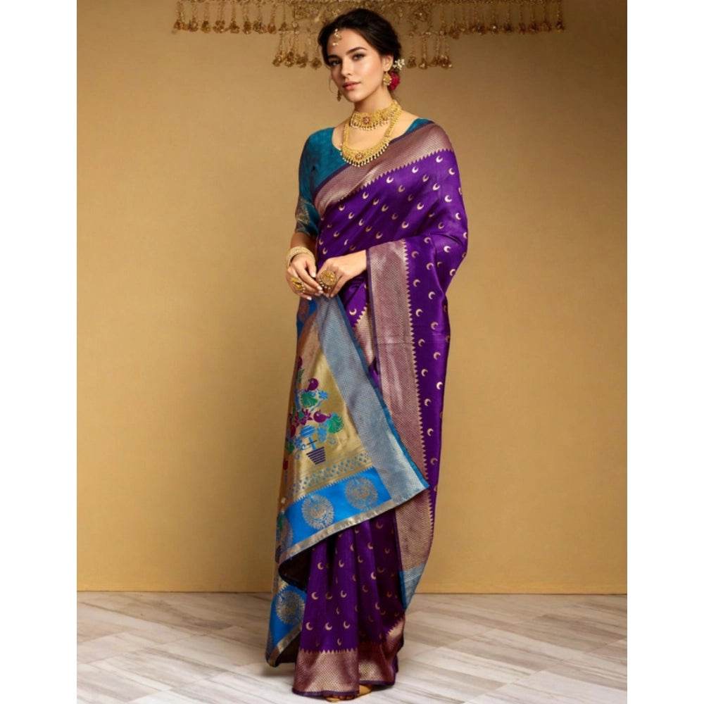 Generic Women's Silk Blend Zari Woven Saree With Unstitched Blouse 5.5Mtr (Purple) - MYLUXURY LANE ENTERPRISE