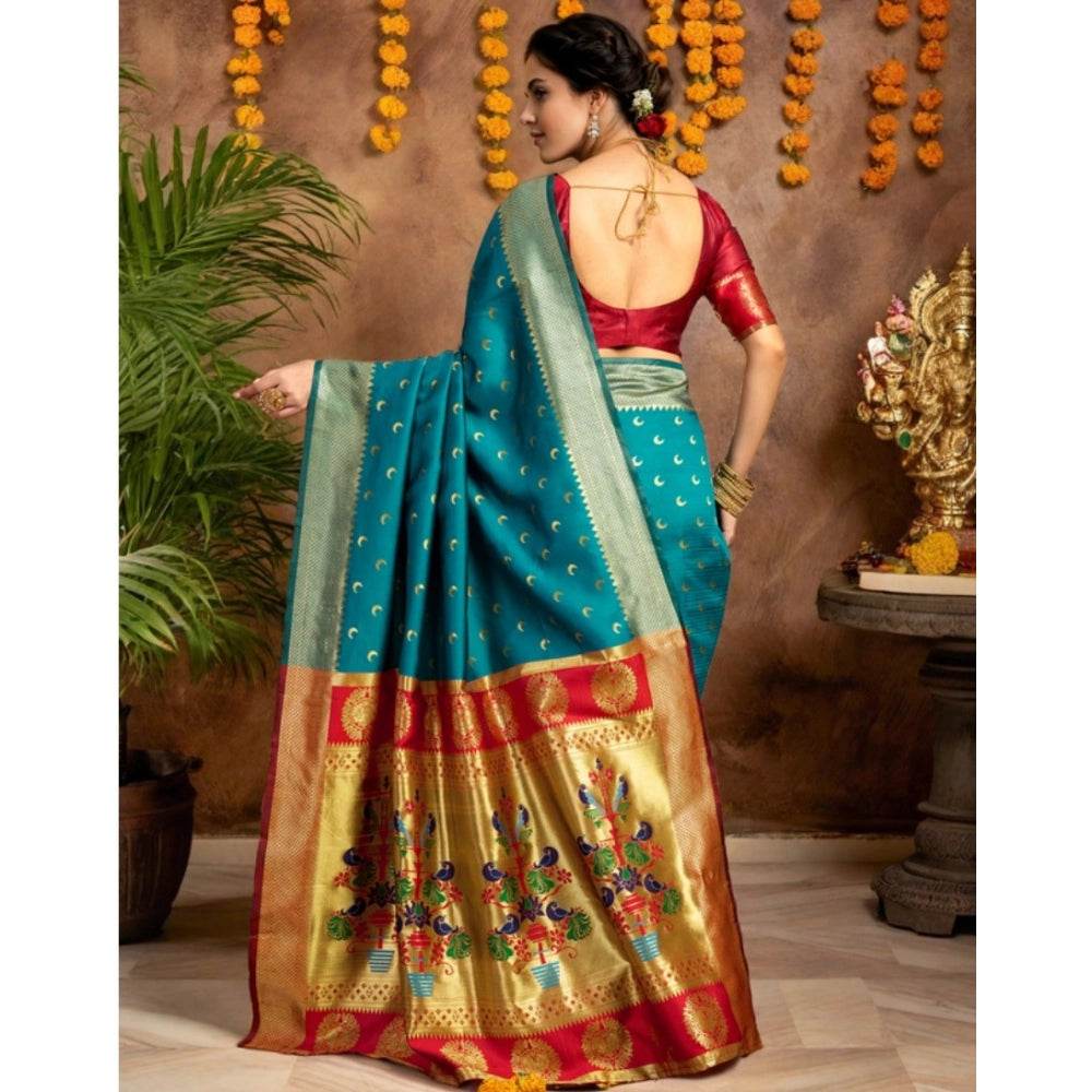 Generic Women's Silk Blend Zari Woven Saree With Unstitched Blouse 5.5Mtr (Rama) - MYLUXURY LANE ENTERPRISE