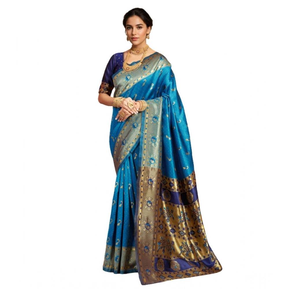 Generic Women's Silk Blend Zari Weaving Saree With Unstitched Blouse 5.5Mtr (Aqua) - MYLUXURY LANE ENTERPRISE