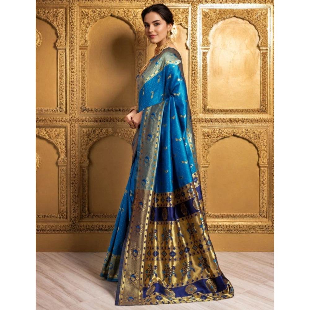 Generic Women's Silk Blend Zari Weaving Saree With Unstitched Blouse 5.5Mtr (Aqua) - MYLUXURY LANE ENTERPRISE