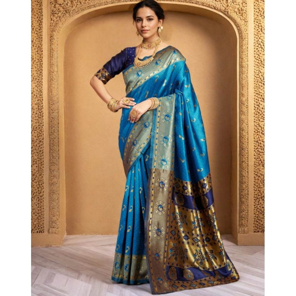Generic Women's Silk Blend Zari Weaving Saree With Unstitched Blouse 5.5Mtr (Aqua) - MYLUXURY LANE ENTERPRISE