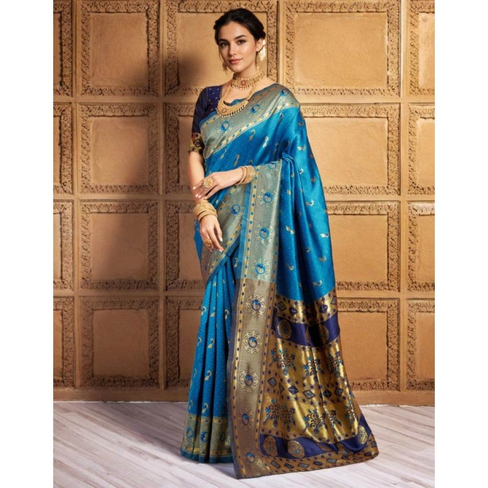 Generic Women's Silk Blend Zari Weaving Saree With Unstitched Blouse 5.5Mtr (Aqua) - MYLUXURY LANE ENTERPRISE