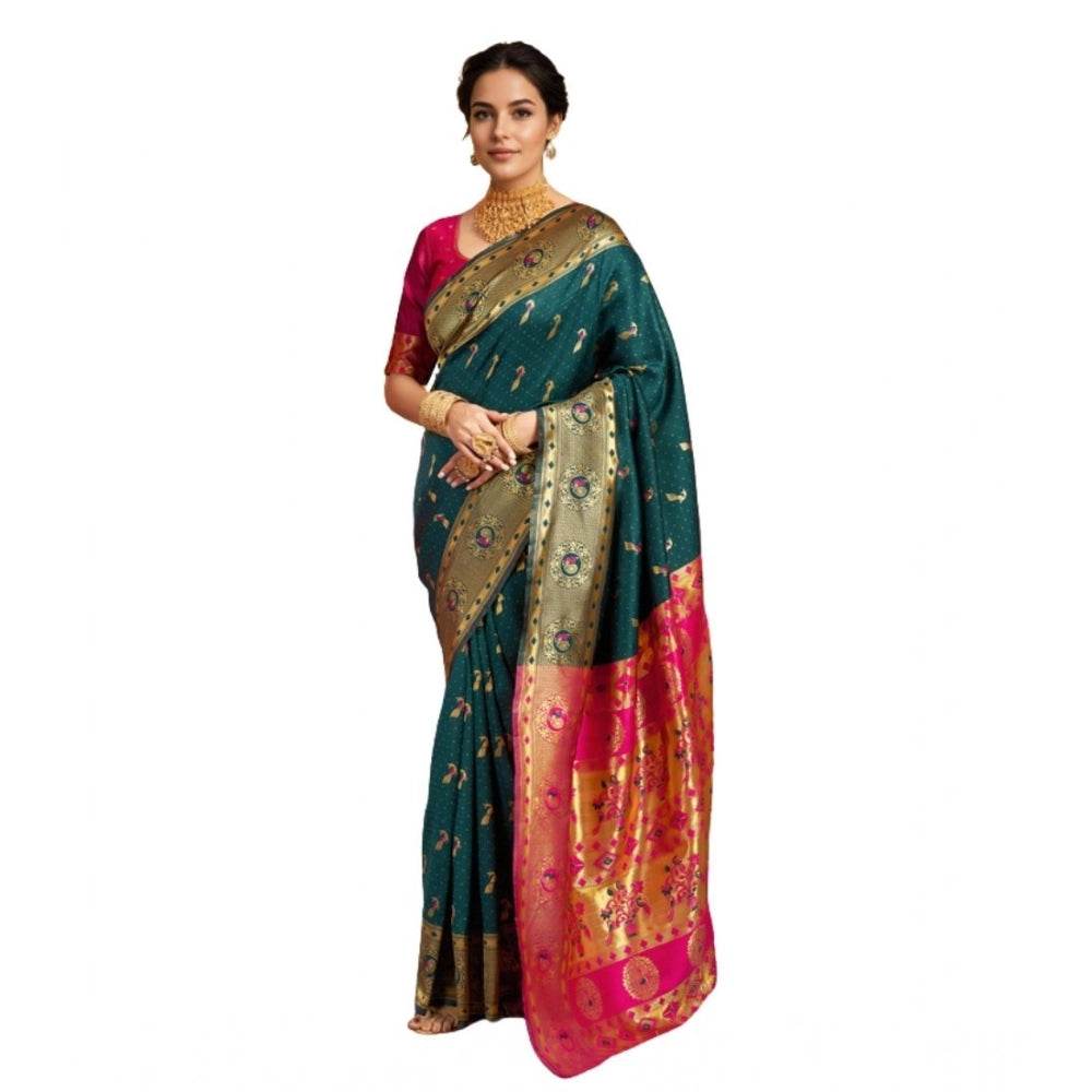 Generic Women's Silk Blend Zari Weaving Saree With Unstitched Blouse 5.5Mtr (Dark-Green) - MYLUXURY LANE ENTERPRISE