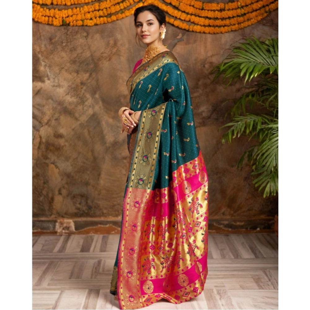 Generic Women's Silk Blend Zari Weaving Saree With Unstitched Blouse 5.5Mtr (Dark-Green) - MYLUXURY LANE ENTERPRISE