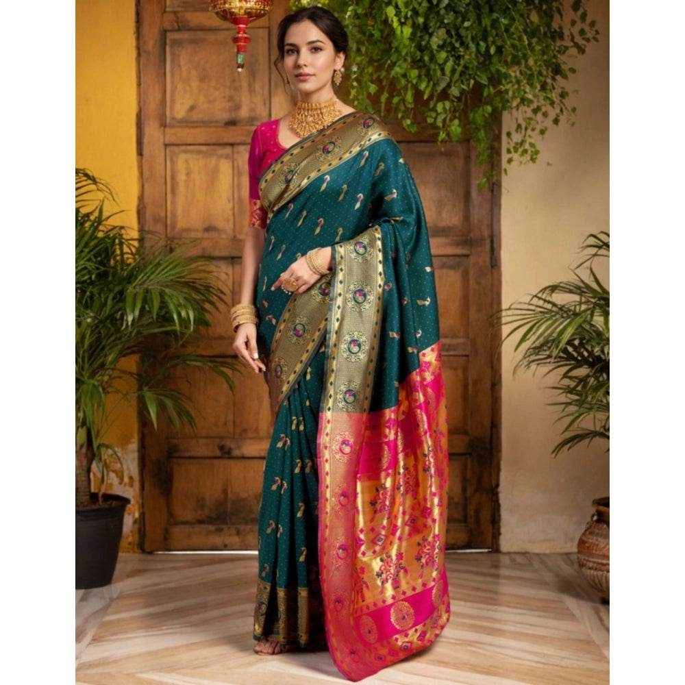 Generic Women's Silk Blend Zari Weaving Saree With Unstitched Blouse 5.5Mtr (Dark-Green) - MYLUXURY LANE ENTERPRISE