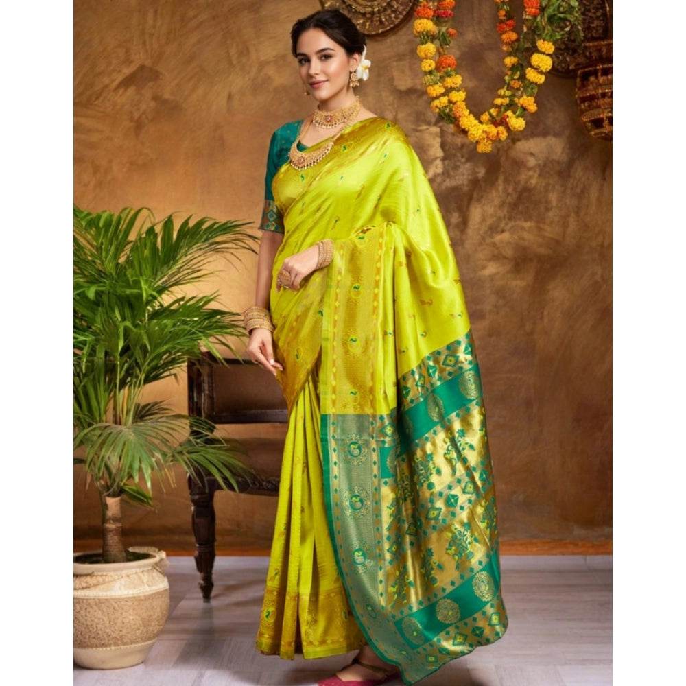 Generic Women's Silk Blend Zari Weaving Saree With Unstitched Blouse 5.5Mtr (Lime-Green) - MYLUXURY LANE ENTERPRISE