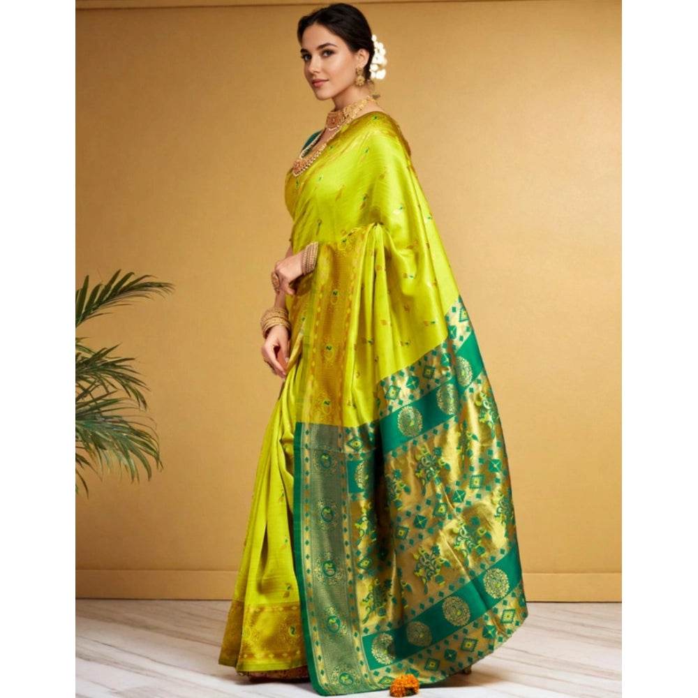 Generic Women's Silk Blend Zari Weaving Saree With Unstitched Blouse 5.5Mtr (Lime-Green) - MYLUXURY LANE ENTERPRISE