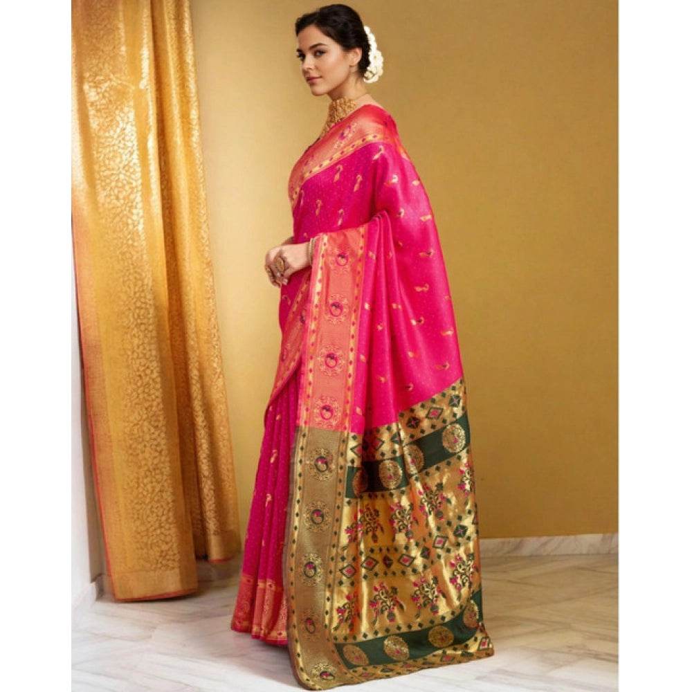 Generic Women's Silk Blend Zari Weaving Saree With Unstitched Blouse 5.5Mtr (Pink) - MYLUXURY LANE ENTERPRISE