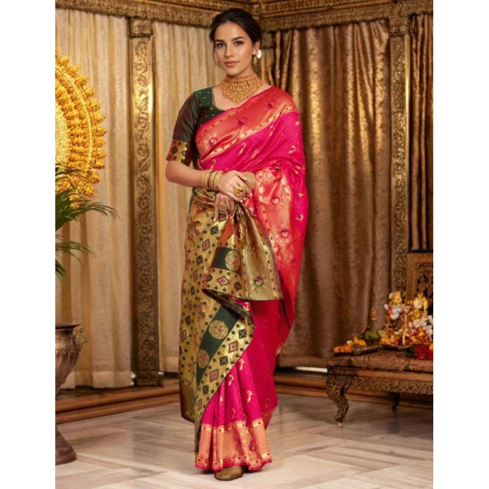 Generic Women's Silk Blend Zari Weaving Saree With Unstitched Blouse 5.5Mtr (Pink) - MYLUXURY LANE ENTERPRISE