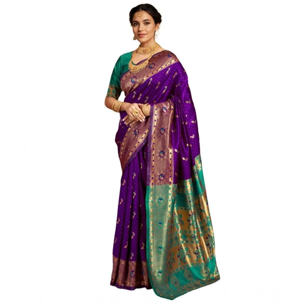 Generic Women's Silk Blend Zari Weaving Saree With Unstitched Blouse 5.5Mtr (Purple) - MYLUXURY LANE ENTERPRISE