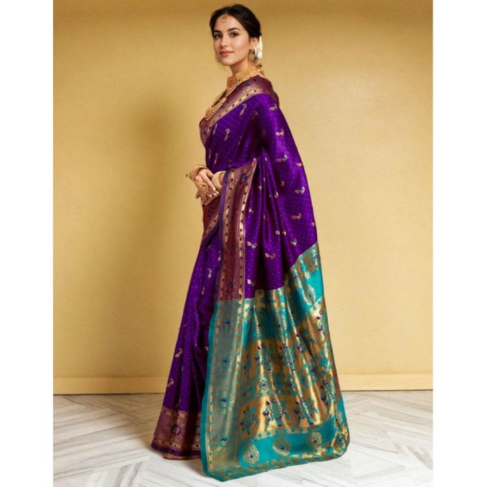 Generic Women's Silk Blend Zari Weaving Saree With Unstitched Blouse 5.5Mtr (Purple) - MYLUXURY LANE ENTERPRISE
