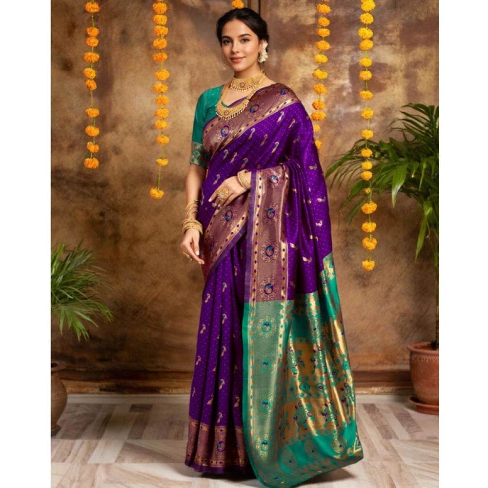 Generic Women's Silk Blend Zari Weaving Saree With Unstitched Blouse 5.5Mtr (Purple) - MYLUXURY LANE ENTERPRISE