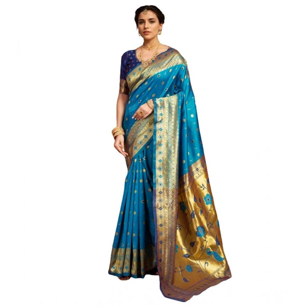 Generic Women's Silk Blend Zari Weaving Saree With Unstitched Blouse 5.5Mtr (Aqua) - MYLUXURY LANE ENTERPRISE