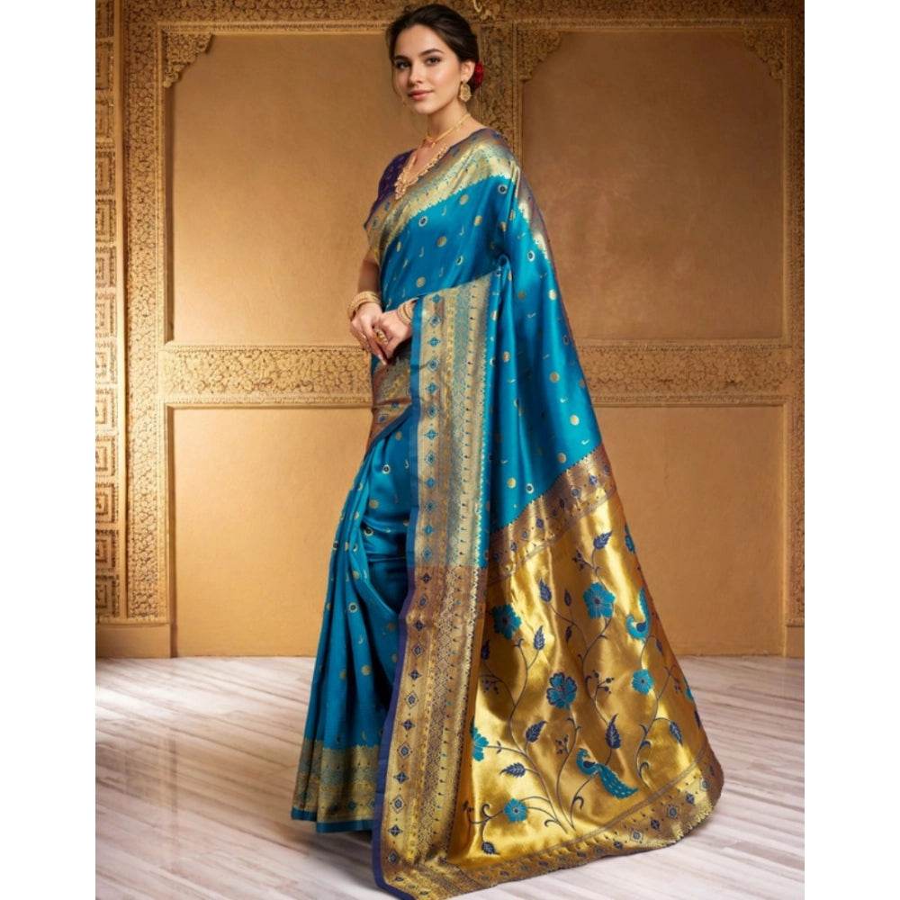 Generic Women's Silk Blend Zari Weaving Saree With Unstitched Blouse 5.5Mtr (Aqua) - MYLUXURY LANE ENTERPRISE