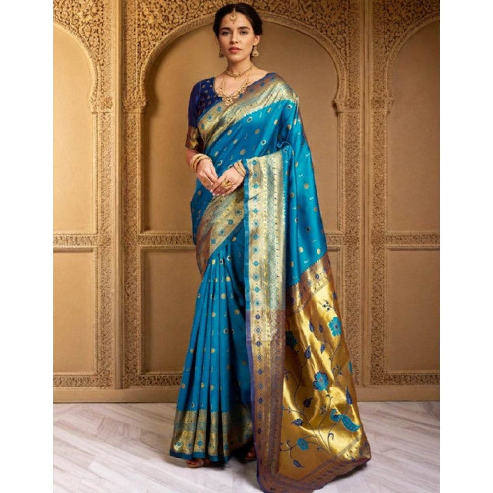 Generic Women's Silk Blend Zari Weaving Saree With Unstitched Blouse 5.5Mtr (Aqua) - MYLUXURY LANE ENTERPRISE