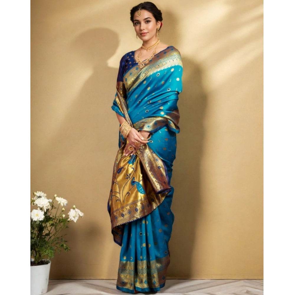 Generic Women's Silk Blend Zari Weaving Saree With Unstitched Blouse 5.5Mtr (Aqua) - MYLUXURY LANE ENTERPRISE