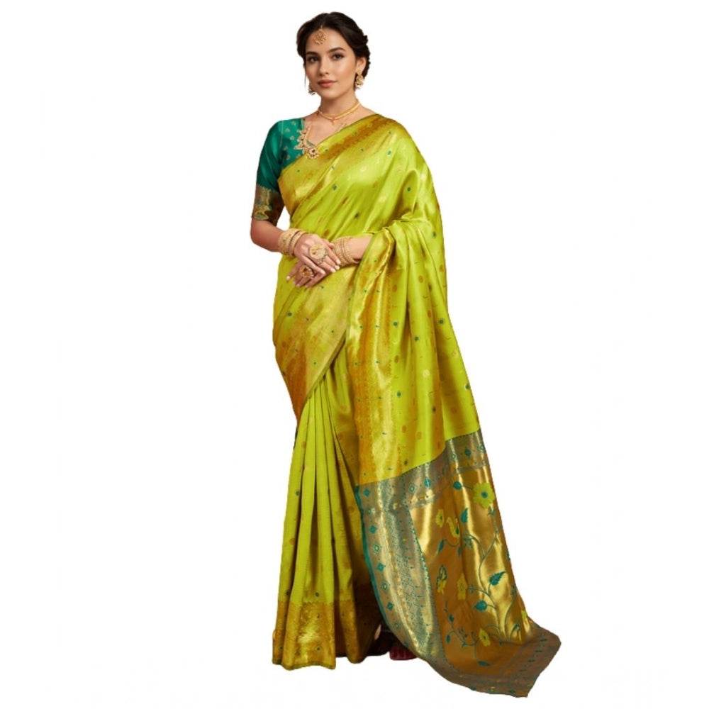 Generic Women's Silk Blend Zari Weaving Saree With Unstitched Blouse 5.5Mtr (Lime-Green) - MYLUXURY LANE ENTERPRISE