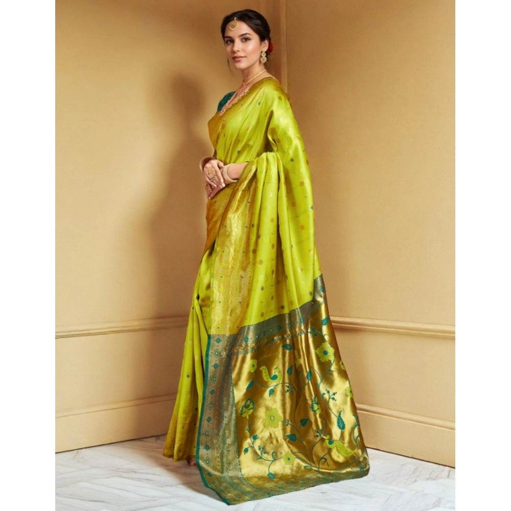 Generic Women's Silk Blend Zari Weaving Saree With Unstitched Blouse 5.5Mtr (Lime-Green) - MYLUXURY LANE ENTERPRISE