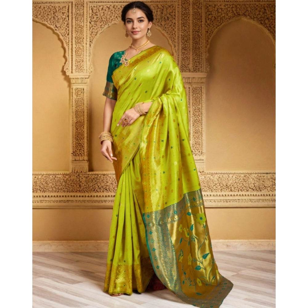 Generic Women's Silk Blend Zari Weaving Saree With Unstitched Blouse 5.5Mtr (Lime-Green) - MYLUXURY LANE ENTERPRISE