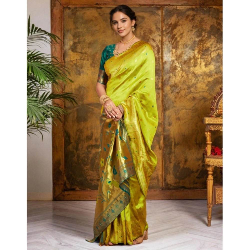 Generic Women's Silk Blend Zari Weaving Saree With Unstitched Blouse 5.5Mtr (Lime-Green) - MYLUXURY LANE ENTERPRISE